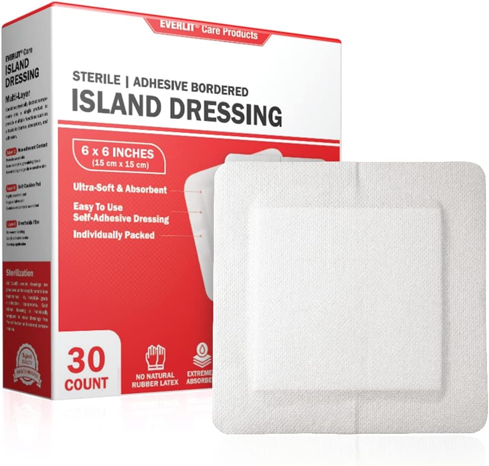 EVERLIT Island Dressing Bordered Gauze | Large Wound Care Bandage with Adhesive Border| Sterile, Soft & Highly Absorbent Medical Grade Dressing Pad (6x6 Inch (Pack of 30)) EVERLIT Island Dressing Bordered Gauze | Large Wound Care Bandage with Adhesive Border| Sterile, Soft & Highly Absorbent Medical Grade Dressing Pad (6x6 Inch (Pack of 30))