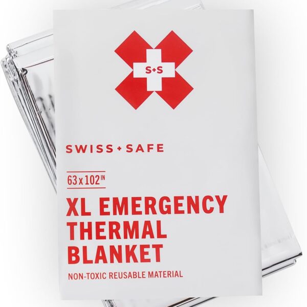 Swiss Safe XL Emergency Mylar Thermal Blankets + Bonus Space Blanket - Compact & Insulated for Cold Weather - Designed for NASA, Outdoor Camping, Survival, First Aid Car Kit - Silver, 4 Pack, XL