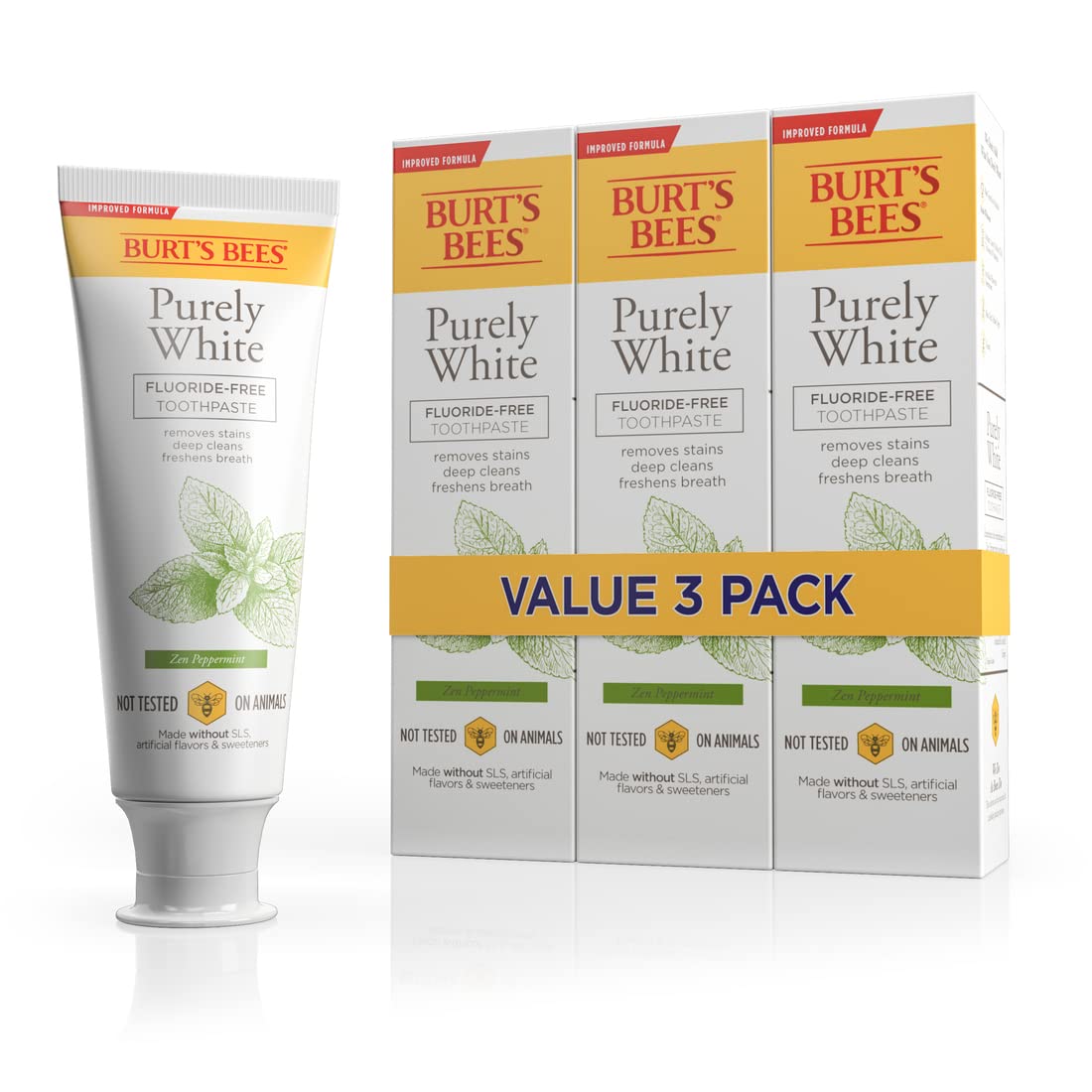 Burt's Bees Toothpaste, Natural Flavor, Fluoride-Free, Purely White, Zen Peppermint, 4.7 oz, Pack of 3 Burt's Bees Toothpaste, Natural Flavor, Fluoride-Free, Purely White, Zen Peppermint, 4.7 oz, Pack of 3