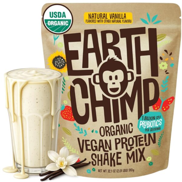 EarthChimp Organic Vegan Protein Powder - with Probiotics - Non GMO, Dairy Free, Non Whey, Plant Based Protein Powder for Women and Men, Gluten Free - 26 Servings 32 Oz (Vanilla)