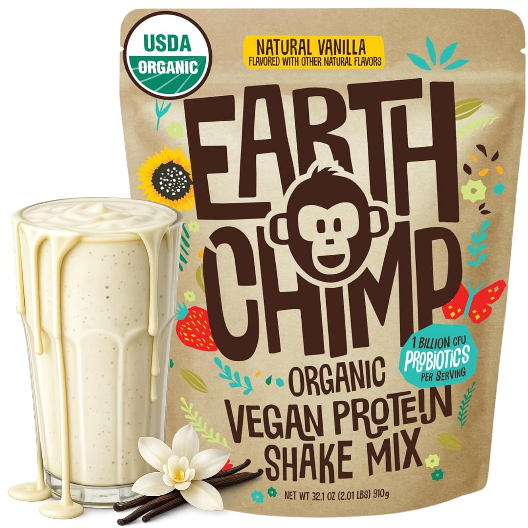 EarthChimp Organic Vegan Protein Powder - with Probiotics - Non GMO, Dairy Free, Non Whey, Plant Based Protein Powder for Women and Men, Gluten Free - 26 Servings 32 Oz (Vanilla) EarthChimp Organic Vegan Protein Powder - with Probiotics - Non GMO, Dairy Free, Non Whey, Plant Based Protein Powder for Women and Men, Gluten Free - 26 Servings 32 Oz (Vanilla)