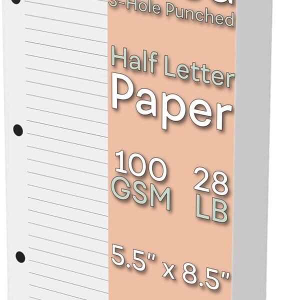 Half Letter Lined Paper, 3-Hole Punched, 250 Sheets/500 Pages, 100 GSM, Line Paper Binder Refill, 5.5 in. x 8.5 in., fits in Half Letter 3-Ring Binders, Mini Binder Refill Inserts