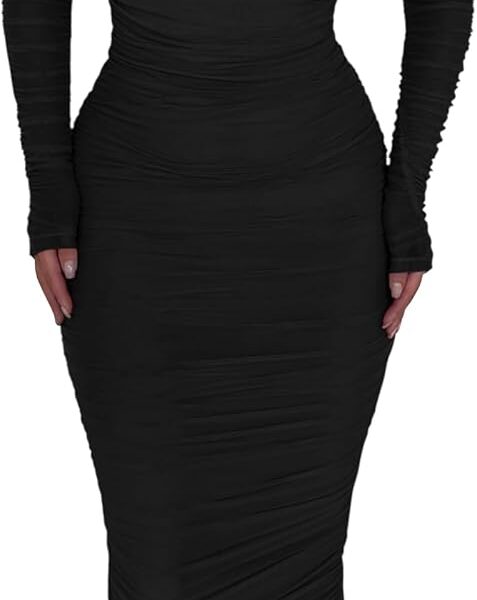 PRETTYGARDEN Women's Fall Off The Shoulder Maxi Dress Spring Long Sleeve Ruched Fitted Bodycon Club Dresses with Slit
