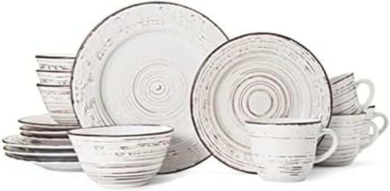 Pfaltzgraff Trellis White 16-Piece Stoneware Dinnerware Set, Service for 4, Distressed White Finish, Microwave & Dishwasher Safe Plates and Bowls