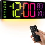JALL 16.15 inch Large Digital Wall Clock, RGB Lights with Remote Control, Dual Alarms with Big LED Display, Auto DST, C / F Temperature for Classroom, Birthday Gift, Senior