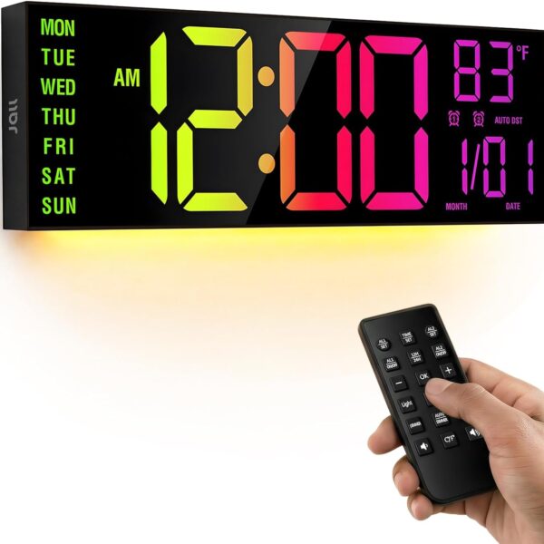JALL 16.15 inch Large Digital Wall Clock, RGB Lights with Remote Control, Dual Alarms with Big LED Display, Auto DST, C / F Temperature for Classroom, Birthday Gift, Senior
