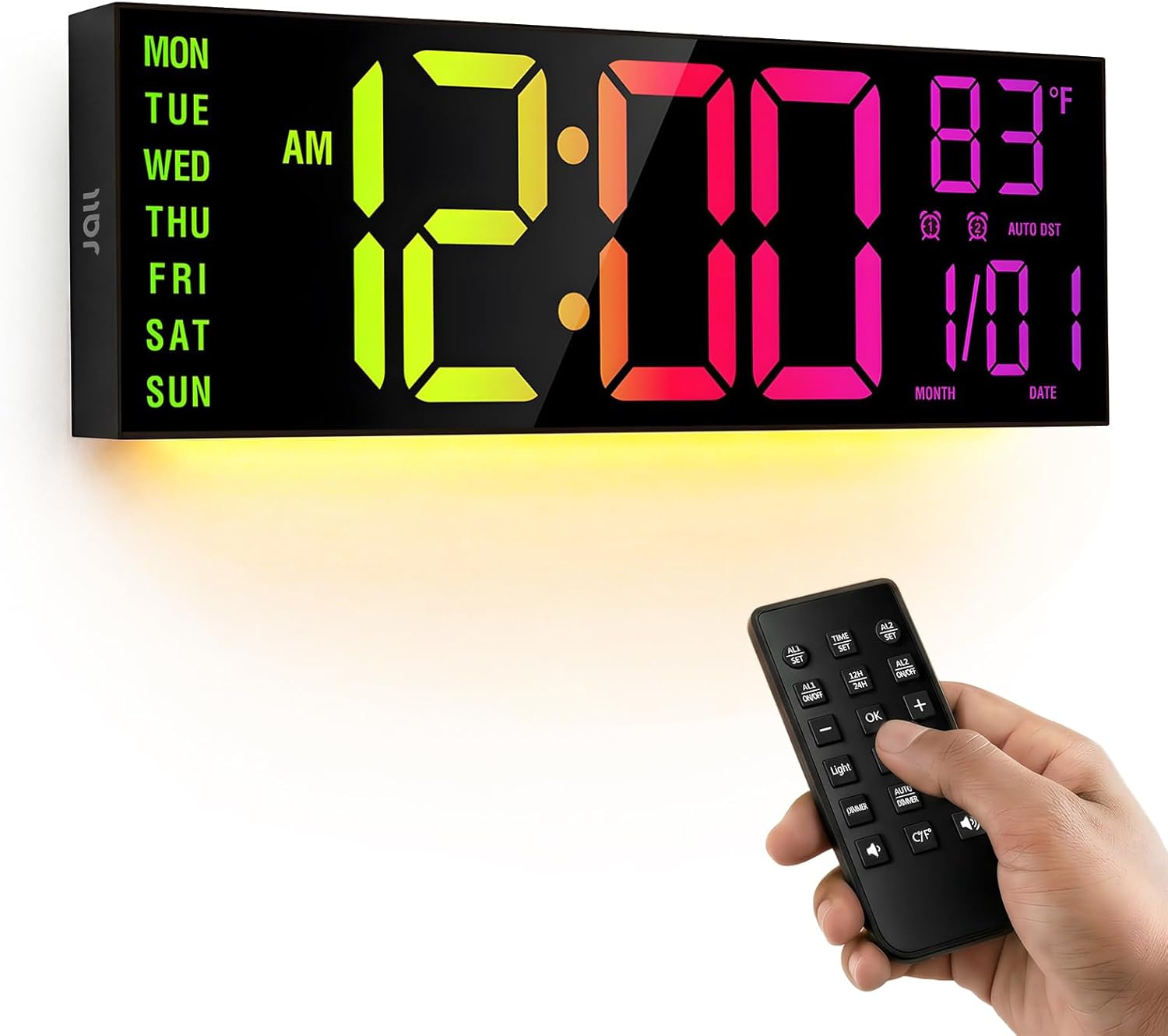 JALL 16.15 inch Large Digital Wall Clock, RGB Lights with Remote Control, Dual Alarms with Big LED Display, Auto DST, C / F Temperature for Classroom, Birthday Gift, Senior JALL 16.15 inch Large Digital Wall Clock, RGB Lights with Remote Control, Dual Alarms with Big LED Display, Auto DST, C / F Temperature for Classroom, Birthday Gift, Senior