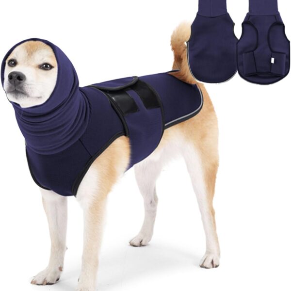 Dog Calming Hoodie Vest, Breathable Anxiety Jacket with Head Cover for Anxiety Relief and Ear Protection, Adjustable Harness with Soft Hoodie for Dogs (Navy, Large)