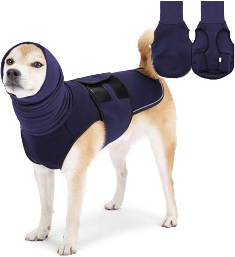 Dog Calming Hoodie Vest, Breathable Anxiety Jacket with Head Cover for Anxiety Relief and Ear Protection, Adjustable Harness with Soft Hoodie for Dogs (Navy, Large)