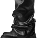 VOMIRA Women's Fold Over Boots Slouchy Boots Wide Calf Pleated Platform Boots Glitter Metallic Silver Boots Chunky Stacked Boots Mid Calf Boots