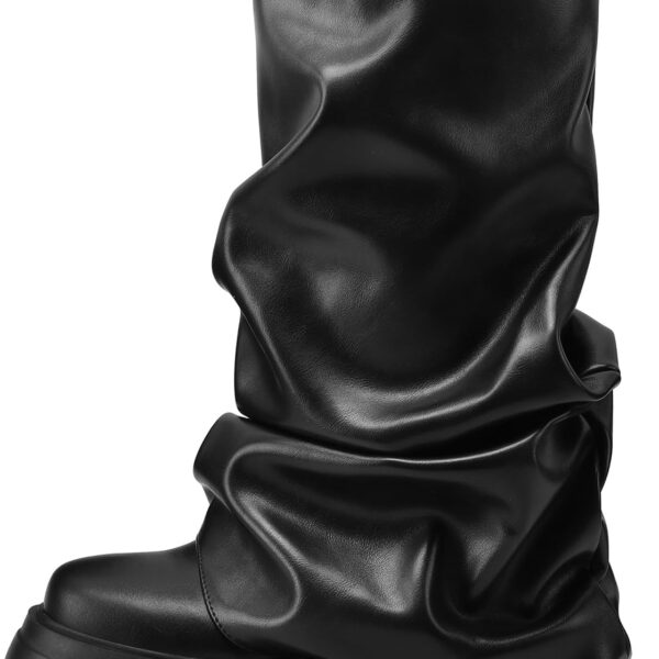 VOMIRA Women's Fold Over Boots Slouchy Boots Wide Calf Pleated Platform Boots Glitter Metallic Silver Boots Chunky Stacked Boots Mid Calf Boots