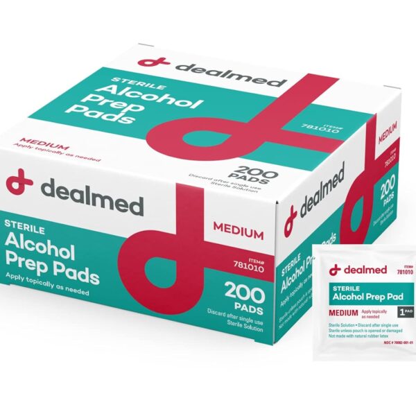 Dealmed 200 Sterile Alcohol Prep Pads Isopropyl Wipes Individually Wrapped Medium Square, 2-Ply for Cuts Scrapes and General Cleansing