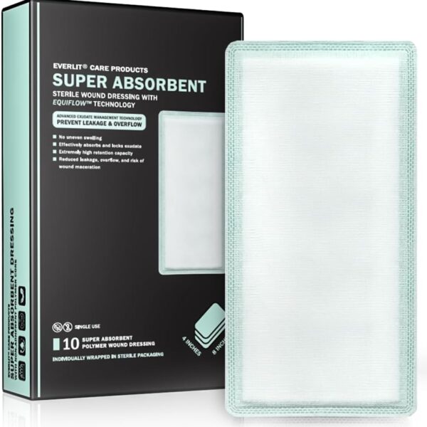 EquiFlow Super Absorbent Dressing for Heavily Exuding Wound | Fast-Absorbing Non-Adhesive Polymer Dressing with Nonstick Gauze Pad | High Absorption & Retention | Pack of 10 (4" x 8")