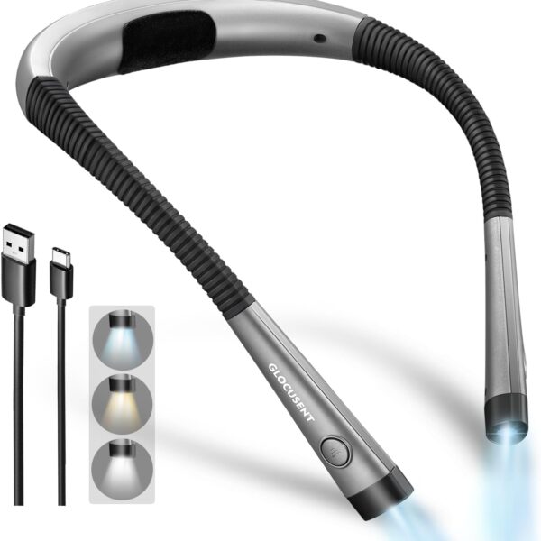 Glocusent Book Light, 3-Color & 6-Brightness Reading Light, Bendable Neck Light, 80-hr Lasting Rechargeable Book Light, Perfect Reading Lights for Books in Bed, Knitting, Repairing, Book Lovers Gifts