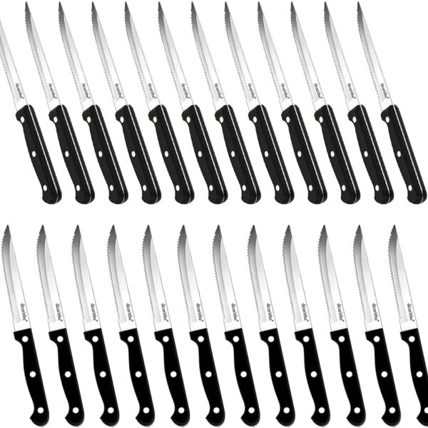 Steak Knives Set of 24, Black Full-Tang and Triple Rivet Serrated Steak Knives bulk, Stainless Steel Sharp Blade,4.5 In, For Restaurant Kitchen Tableware Camping,Dishwasher Safe