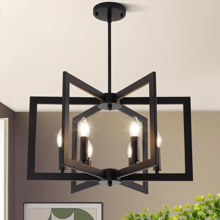 21.6" Black Chandelier for Dining Room, 6-Light Geometric Farmhouse Dining Room Fixture, Modern Foyer Lighting Fixtures, Industrial Hanging Pendant Lights for Kitchen Island, Living Room, Entryway