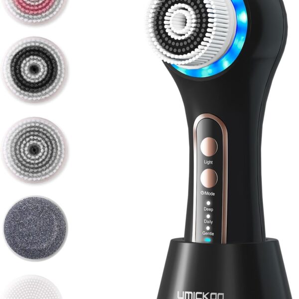 Face Scrubber Exfoliator,Facial Cleansing Brush Rechargeable IPX7 Waterproof with 5 Brush Heads,Electric Face Spin Brush for Exfoliating, Massaging and Deep Cleansing (Black+Gold)