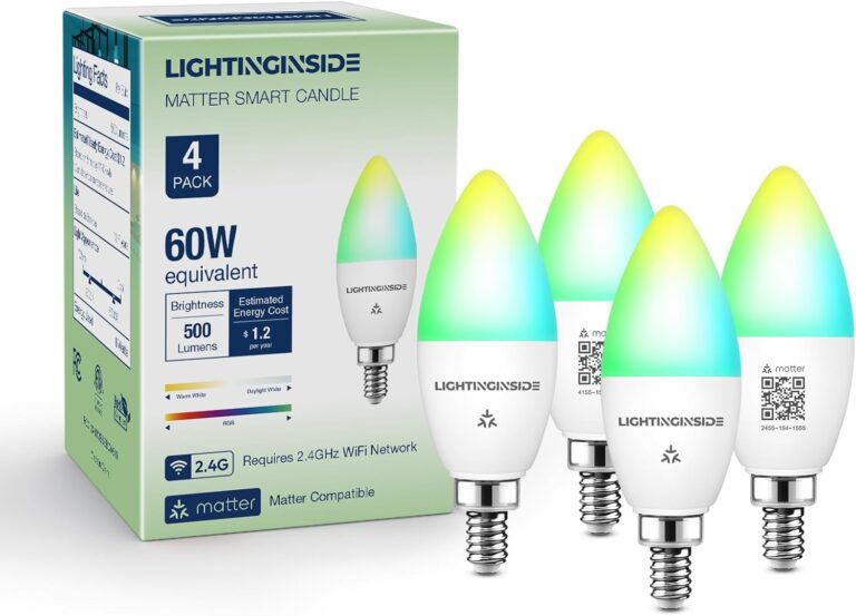 Lightinginside Matter Candelabra Smart Light Bulbs 60W Equivalent, Candle E12 LED Bulb Compatible with Alexa/Siri/Apple Home/Google Home/SmartThings, RGBCW, 2.4G WiFi, ETL Listed, Hub Required, 4PCS