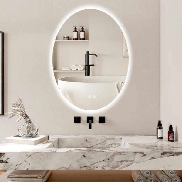 28 X 20 Inch Oval Backlit LED Bathroom Mirror Anti-Fog 3 Colors Light Dimmable Wall Mounted Lighted Bathroom Vanity Mirror Smart Makeup Mirror with Touch Switch