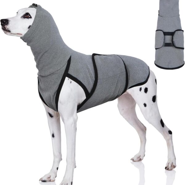 DENTRUN Calming Vest for Dogs - Anxiety Relief Shirt with Ear Wraps, Soft Hoodie, Noise Cancelling Ear Muffs for Fireworks, Comfort Winter Warm Sweater Turtleneck Cold Weather Cozy Coat for Large Dogs