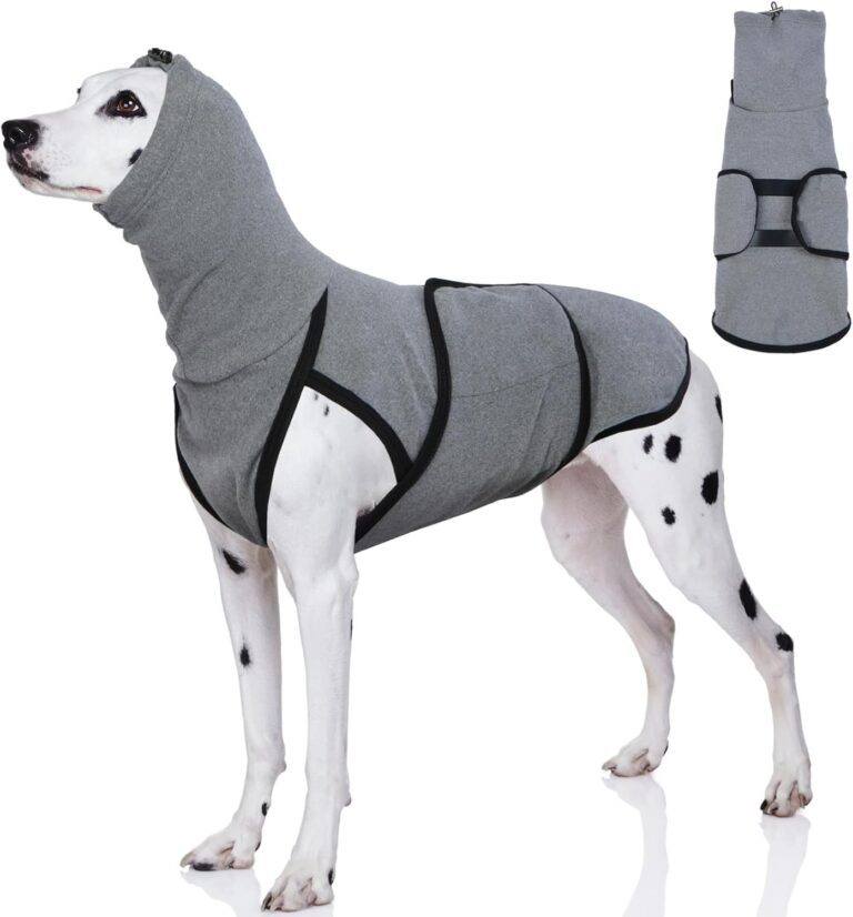 DENTRUN Calming Vest for Dogs - Anxiety Relief Shirt with Ear Wraps, Soft Hoodie, Noise Cancelling Ear Muffs for Fireworks, Comfort Winter Warm Sweater Turtleneck Cold Weather Cozy Coat for Large Dogs