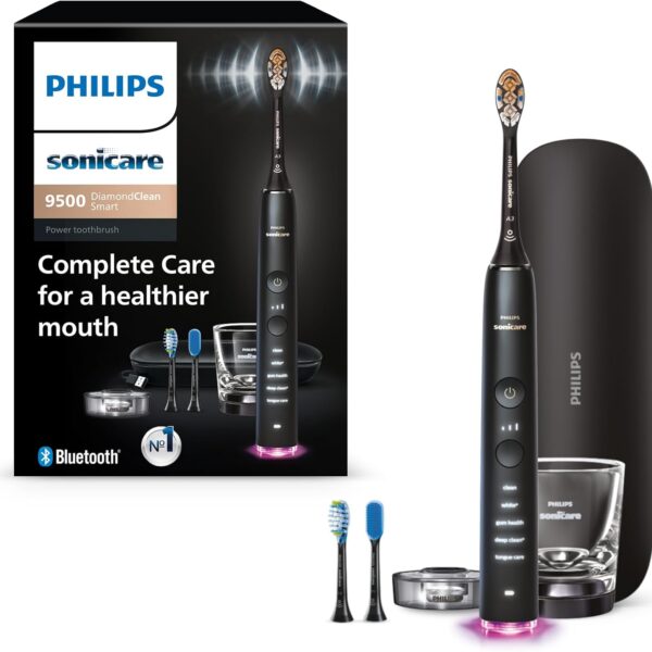 Philips Sonicare DiamondClean Smart 9500 Electric Toothbrush, Sonic Toothbrush with App, Pressure Sensor, Brush Head Detection, 5 Brushing Modes and 3 Intensity Levels, Black, Model HX9923/11