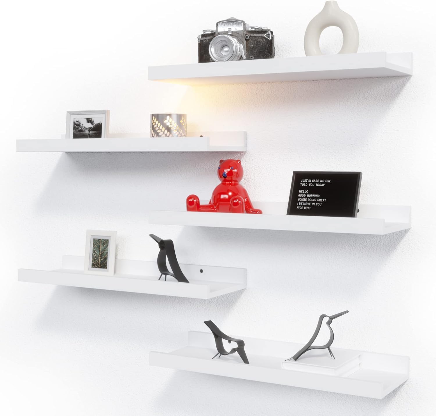 RICHER HOUSE 5 Set White Floating Shelves, Wall Mounted Shelves for Wall Decor, Modern Picture Ledge Shelf with Lip for Storage Nursery, Bedroom, Living Room, Bathroom - White RICHER HOUSE 5 Set White Floating Shelves, Wall Mounted Shelves for Wall Decor, Modern Picture Ledge Shelf with Lip for Storage Nursery, Bedroom, Living Room, Bathroom - White