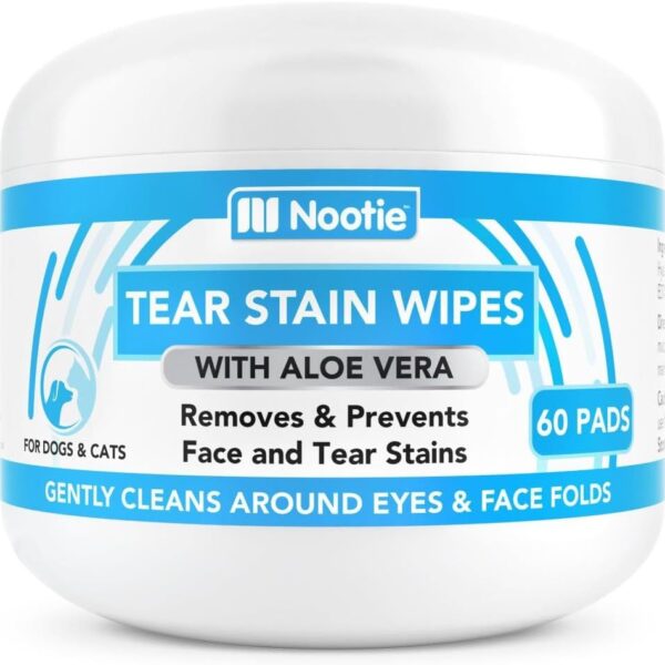 Nootie Tear Stain Wipes for Dogs & Cats, Gently Remove and Prevent Tear Stains with Aloe Vera, 60 Count