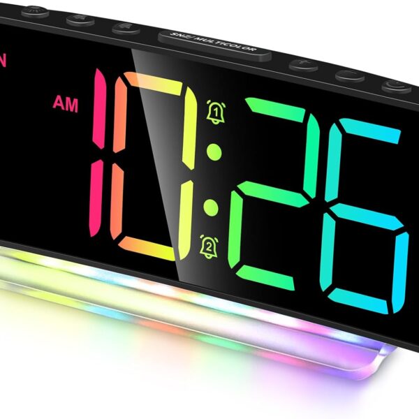 Cadmos Extra Loud Alarm Clock for Heavy Sleepers Adults,Teens,Kids,Rainbow Clock for Bedrooms,Small Bedside Digital Clock with Large Display,7 Color Night Light,12/24h(Black+Dynamic)