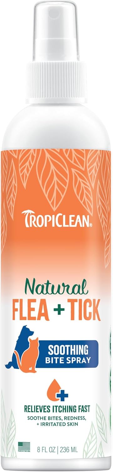 TropiClean Flea and Tick Bite Relief Treatment Spray for Dogs & Cats, Advanced Care Itch Relief Spray, Made in USA, 8oz