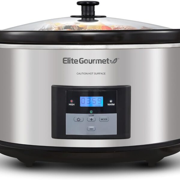 Elite Gourmet MST-900D 8.5Qt Digital Programmable XL Jumbo Slow Cooker, Adjustable Temp, Entrees, Sauces, Stews & Dips, Dishwasher Safe Glass Lid & Crock, Stainless Steel