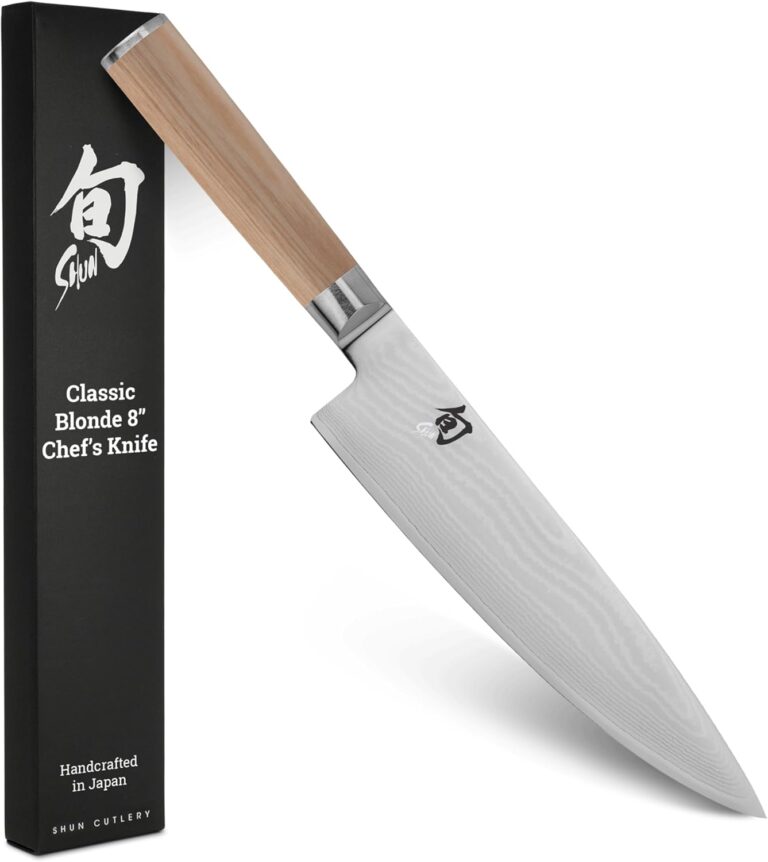 Shun Classic Blonde 8" Chef's Knife, Handcrafted Japanese Kitchen Knife for Professional and Home Chefs, VG-MAX Core with Damascus Stainless Steel Cladding, Pakkawood Handle