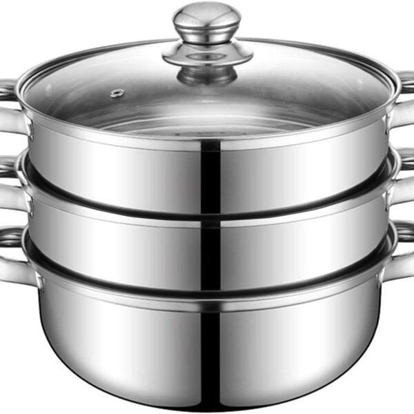 Steamer Pot for Cooking 11 inch Steamer Pot, 3-tier Multipurpose 18/8 Stainless Steel Steam Pot Cookware with Lid for Vegetable, Dumpling, Stock, Sauce, Food