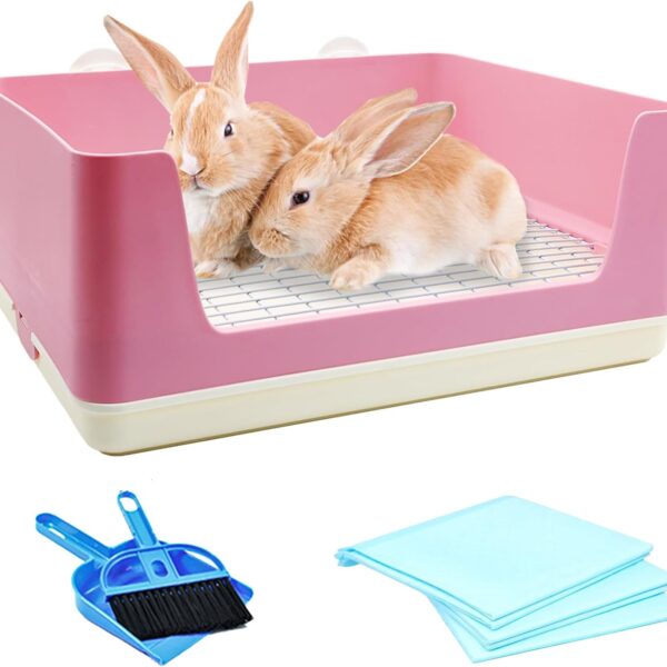 VCEPJH Extra Large Bunny Litter Box for Cage, Plastic Rabbit Litter Pan with Metal Grate Small Animal Toilet Corner Pet Potty Tray for Adult Guinea Pigs Ferrets Chinchillas (Pink)
