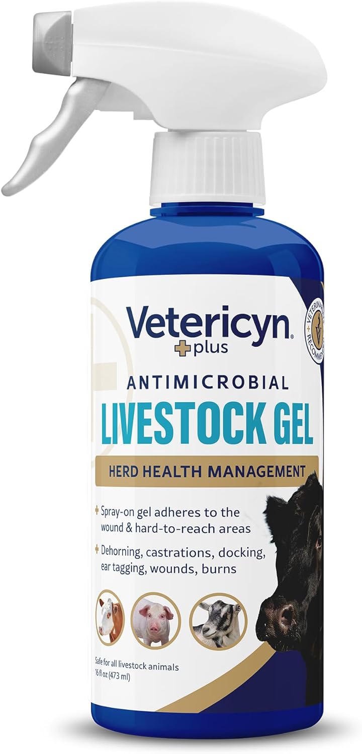 Vetericyn Plus Livestock Utility Gel Spray | Sprayable Hydrogel Wound Care, Teat Spray, Dermal Irritation Relief, Non-Toxic and Antibiotic-Free Formula, Safe for All Animals. 16 ounces
