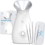 Pure Daily Care NanoSteamer Large 3-in-1 Nano Ionic Facial Steamer with Precise Temp Control - Humidifier - Unclogs Pores - Blackheads - Spa Quality - Bonus 5 Piece Stainless Steel Skin Kit (Silver)