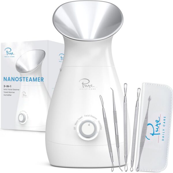 Pure Daily Care NanoSteamer Large 3-in-1 Nano Ionic Facial Steamer with Precise Temp Control - Humidifier - Unclogs Pores - Blackheads - Spa Quality - Bonus 5 Piece Stainless Steel Skin Kit (Silver)