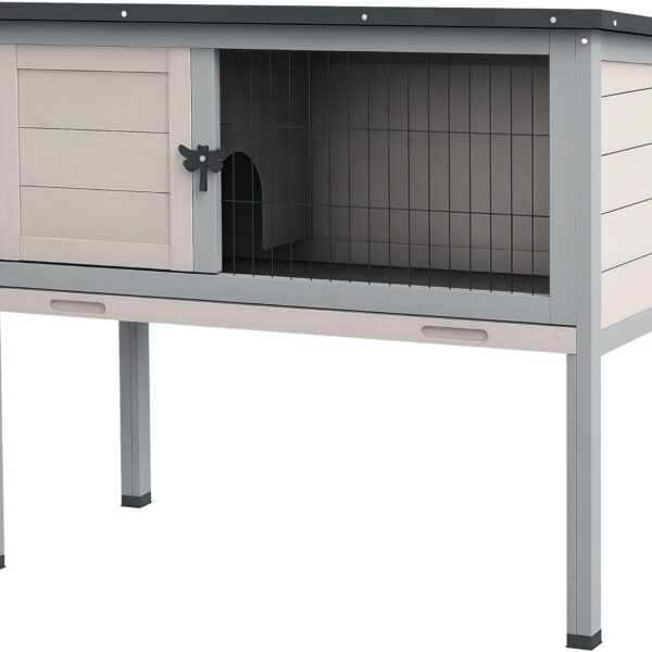 PawHut Elevated Wooden Rabbit Hutch, Indoor/Outdoor Bunny Cage with Hinged Asphalt Roof and Removable Tray for Guinea Pig, Light Gray