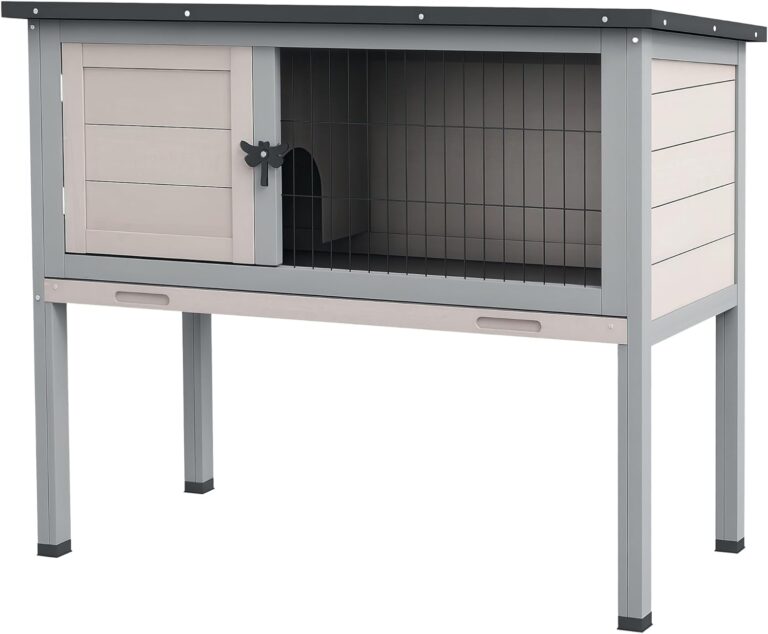 PawHut Elevated Wooden Rabbit Hutch, Indoor/Outdoor Bunny Cage with Hinged Asphalt Roof and Removable Tray for Guinea Pig, Light Gray