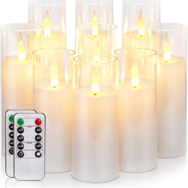 Homemory Pure White Acrylic Flameless Candles, LED Candles, Battery Operated Candles with Remote Control and Timer, Fake Electric Candle, Wedding, Home Decor, Set of 9