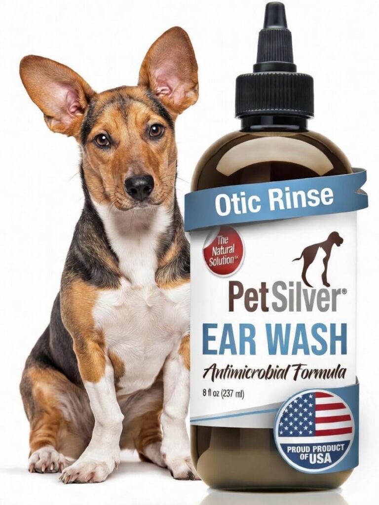 PetSilver Dog Ear Cleaner Solution  Gentle Ear Wash for Dogs and Cats with Chelated Silver  Otic Rinse Formula Targets Wax Buildup, Smelly Odor, and Itchy or Irritated Areas - Made in USA - 8 fl oz
