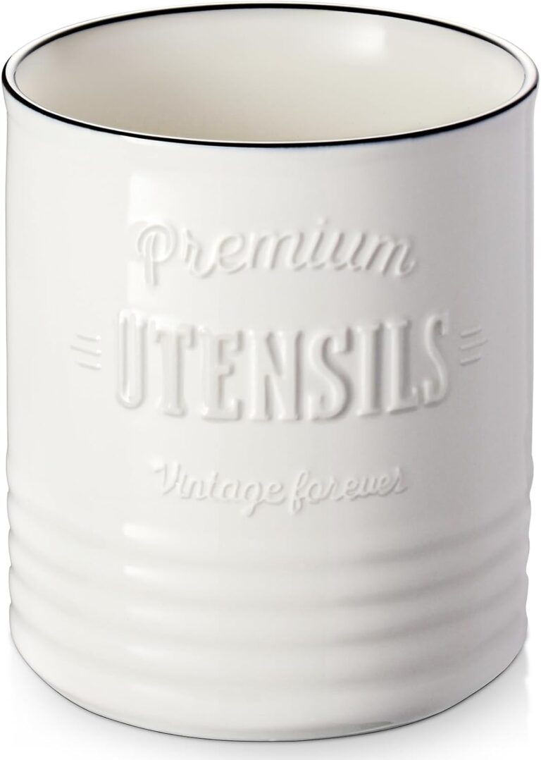 DOWAN 7.2 Extra Large Kitchen Utensil Holder, Farmhouse Utensil Holder for Countertop, Ceramic Utensil Crock with Protection Cork Mat, Utensil Organizer for Kitchen Decor & Housewarming Gift, White