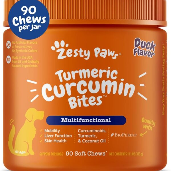 Zesty Paws Turmeric Curcumin for Dogs - for Hip & Joint Mobility Supports Canine Digestive Cardiovascular & Liver Health - Coconut Oil for Skin Health with 95% Curcuminoids + BioPerine Duck, 90 Count
