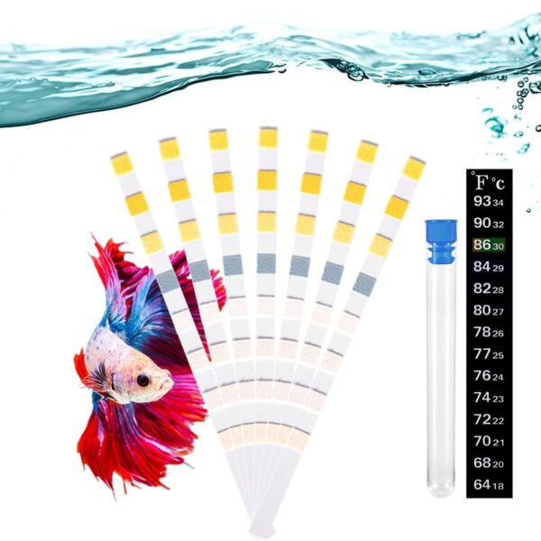 8 in 1 Aquarium Test Kit Fish Tank Test Strips Accurate Water Quality Testing Strips for Ammonia PH Total Alkalinity Carbonate Hardness Free Chlorine Nitrate Nitrite Temperature (100 Strips)