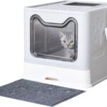 Cat Litter Box with Litter Mat and Scoop, Large Covered Litter Box with Lid, Front Entry Top Exit Kitty Box, Odor Control, Easy to Clean (Grey)