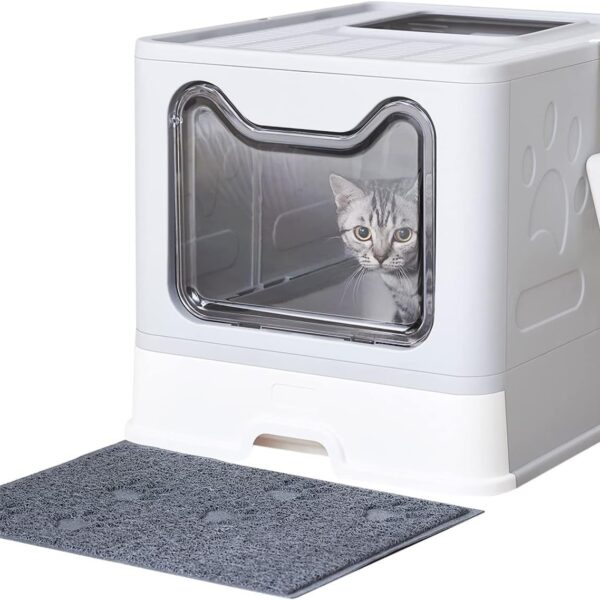 Cat Litter Box with Litter Mat and Scoop, Large Covered Litter Box with Lid, Front Entry Top Exit Kitty Box, Odor Control, Easy to Clean (Grey)
