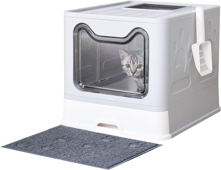 Cat Litter Box with Litter Mat and Scoop, Large Covered Litter Box with Lid, Front Entry Top Exit Kitty Box, Odor Control, Easy to Clean (Grey)
