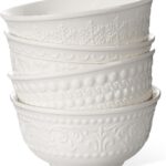 Small Ceramic Bowls - 14 Oz Ice Cream Bowls Set of 4, White Embossment Dessert Bowl for Kitchen, Soup, Side Dishes, Oatmeal, Rice, 4.75 Inch Microwave Oven Safe(Multiple Patterns)
