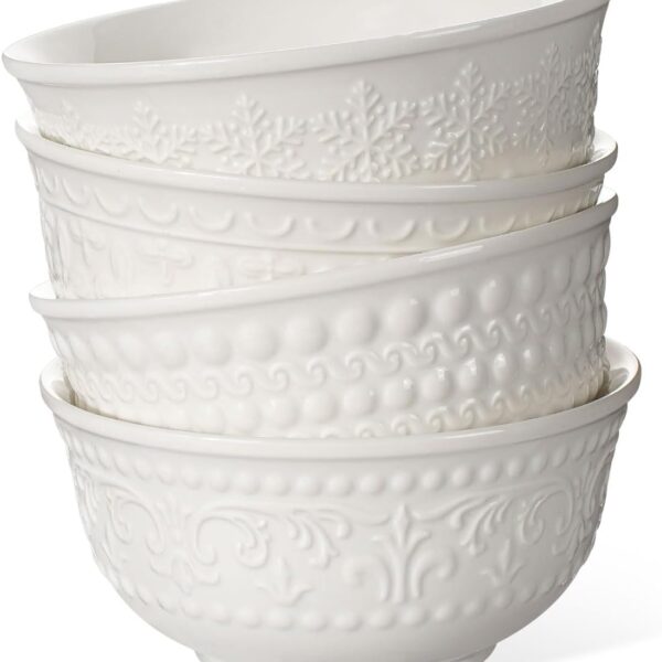 Small Ceramic Bowls - 14 Oz Ice Cream Bowls Set of 4, White Embossment Dessert Bowl for Kitchen, Soup, Side Dishes, Oatmeal, Rice, 4.75 Inch Microwave Oven Safe(Multiple Patterns)