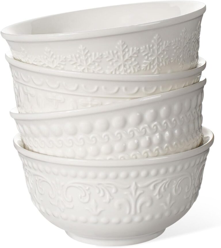 Small Ceramic Bowls - 14 Oz Ice Cream Bowls Set of 4, White Embossment Dessert Bowl for Kitchen, Soup, Side Dishes, Oatmeal, Rice, 4.75 Inch Microwave Oven Safe(Multiple Patterns)